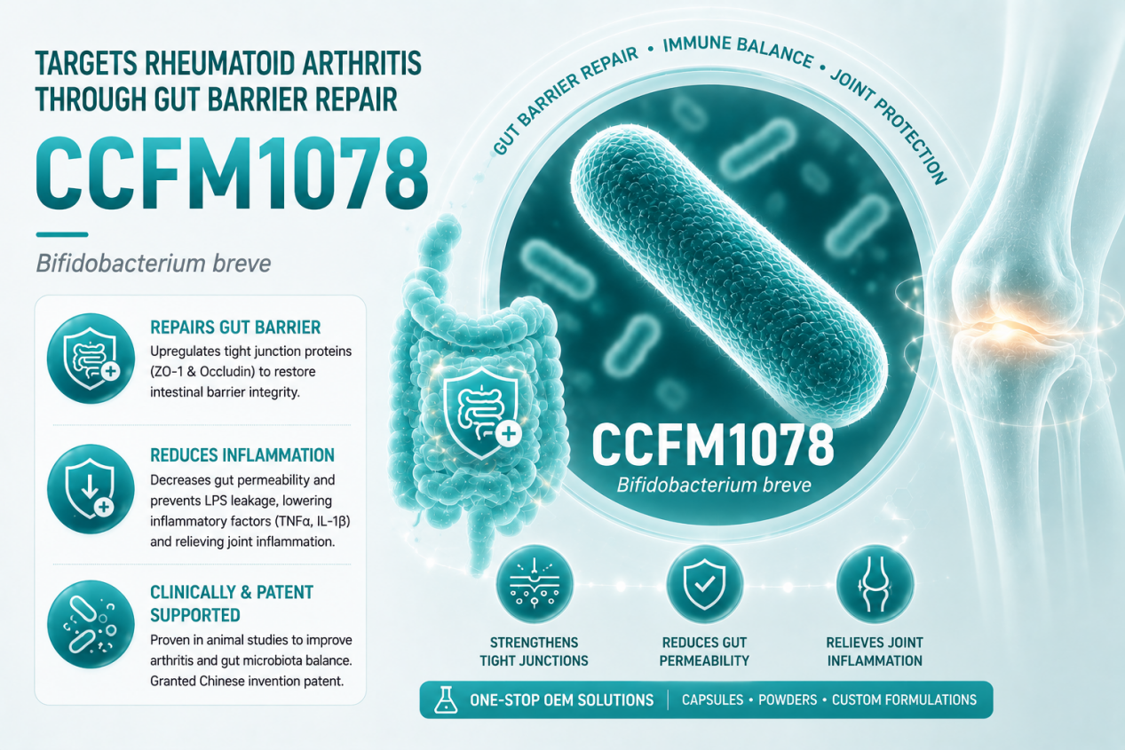 How does Bifidobacterium breve CCFM1078 target Rheumatoid Arthritis (RA) by repairing the intestinal barrier?