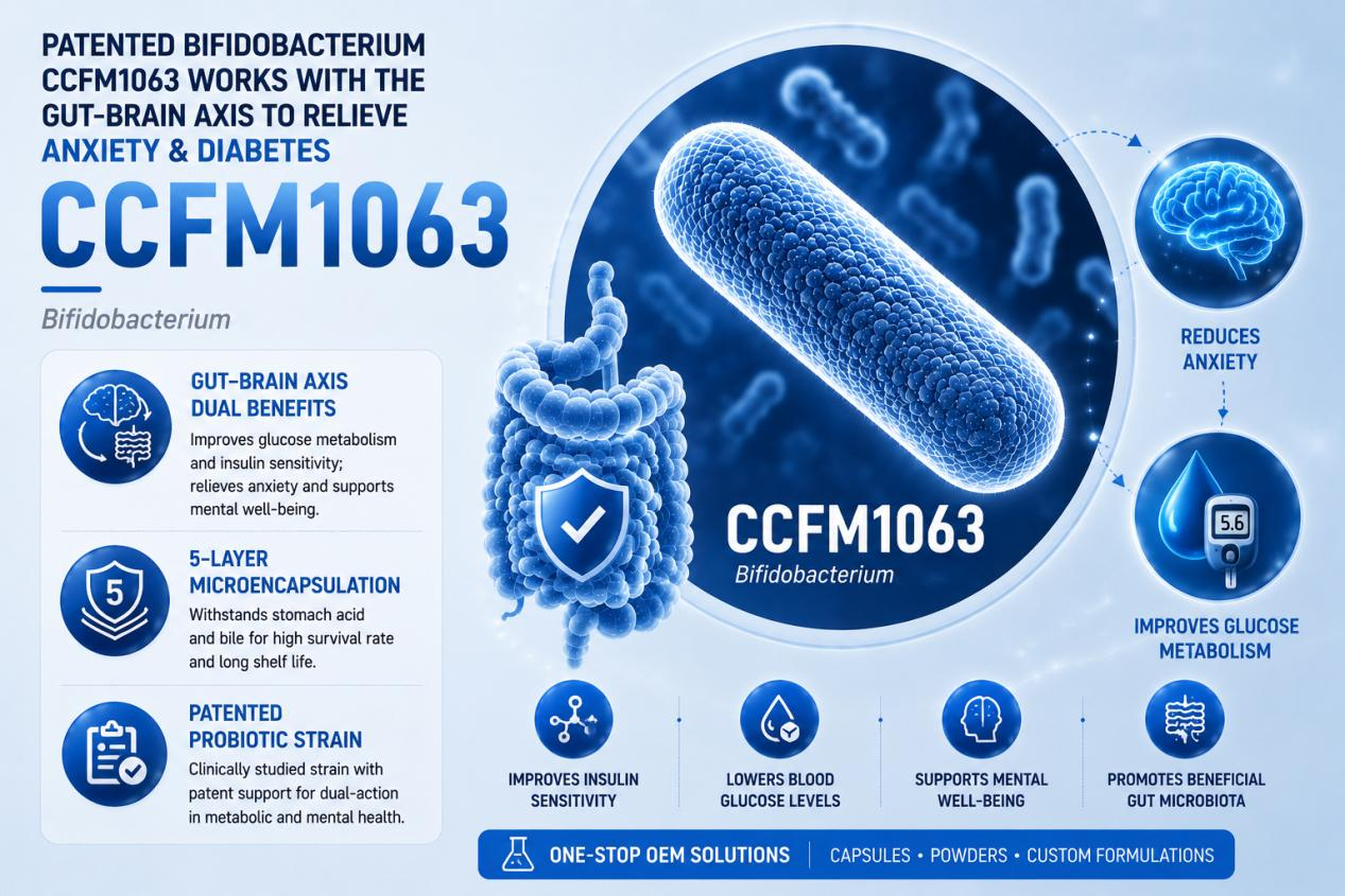 How does the patented Bifidobacterium bifidum CCFM1063 synergize with the gut-brain axis to support glycemic health and alleviate anxiety?
